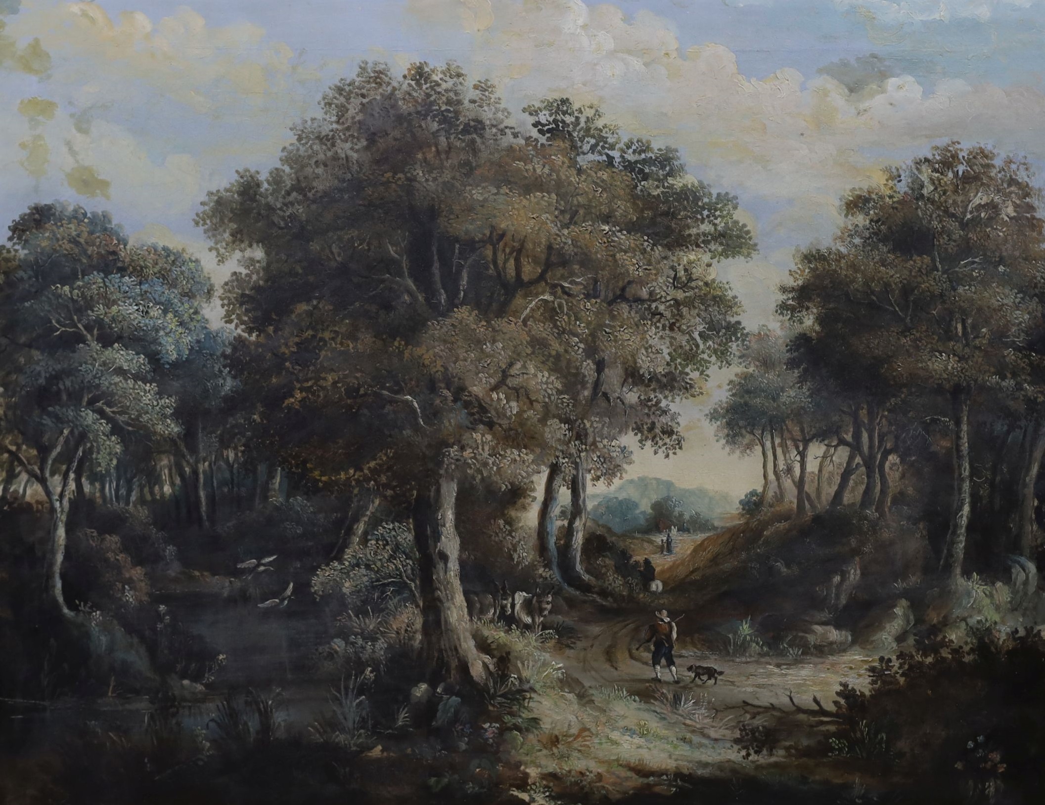 Continental School, oil on canvas, Travellers in a wooded landscape, 47 x 61cm, unframed